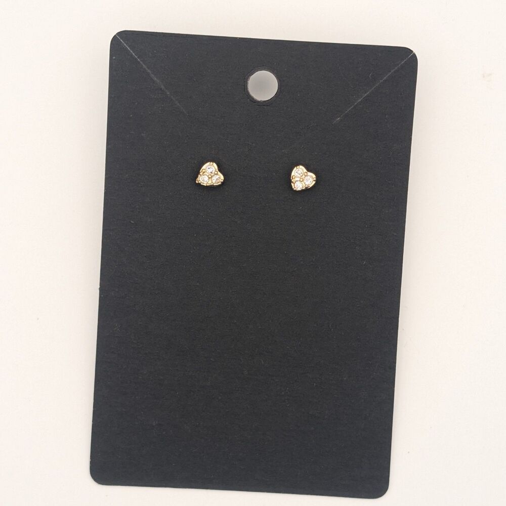 Gold Tone Heart Stud Earrings Clear Rhinestones Small Cute Jewelry